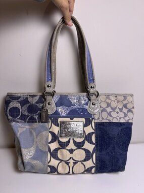 Coach Poppy Patchwork Blue Denim Silver Metallic 16926 Tote Bag Satchel
